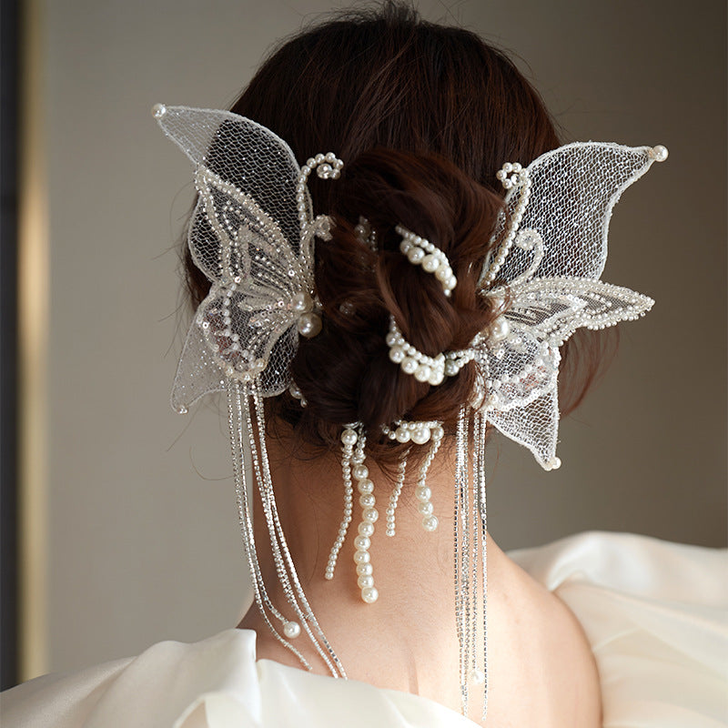 2022 New Bridal Headdress Temperament And Beautiful Lace Butterfly Tassel Hairpin Set Photo Makeup Modeling Jewelry