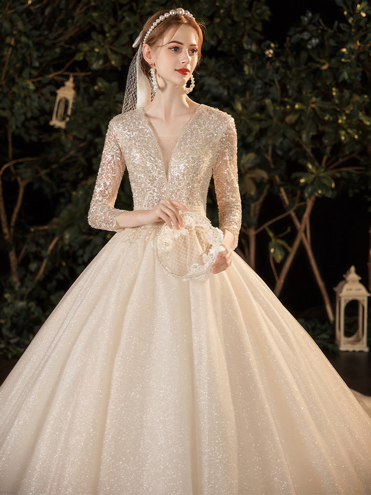 French Style Wedding Dress Bride Elegant Gorgeous Starry Sky V-neck Long Sleeve Mori Style Fairy Dream Trailing L0250