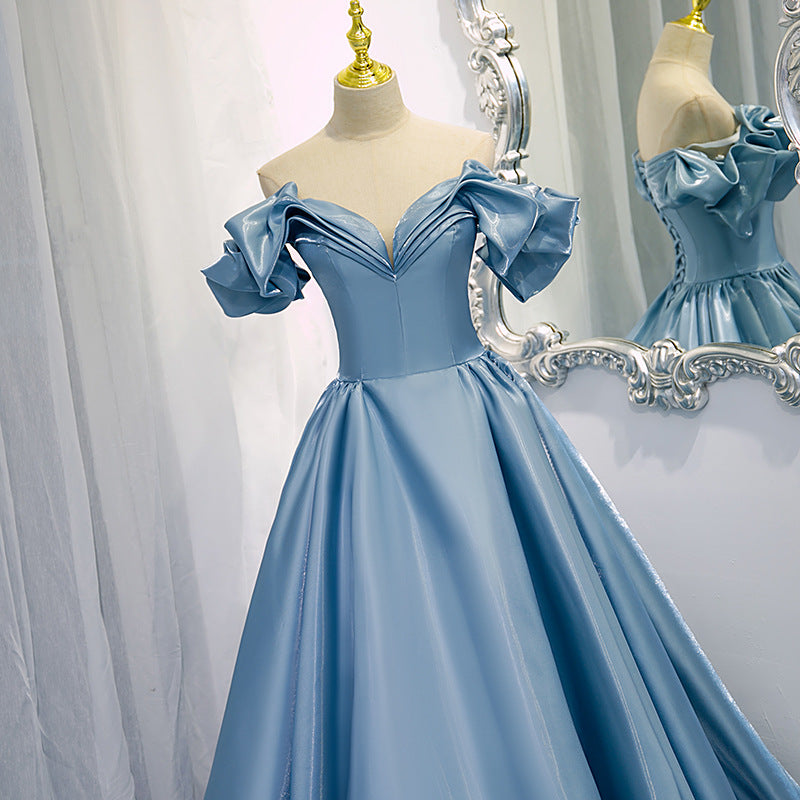 Evening Dress Sky Blue New Blue Color Satin Long French off-Shoulder Host Temperament Costume H293