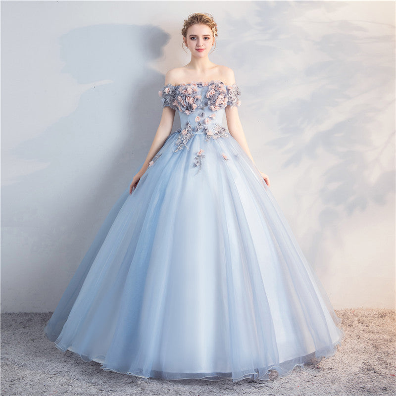 Sky Blue Wedding Dress Host Clothing Evening Dress 2023 New Bubble Skirt Bel Canto Solo Art Exam Host Formal Dress off-Shoulder Long Performance Dress H567