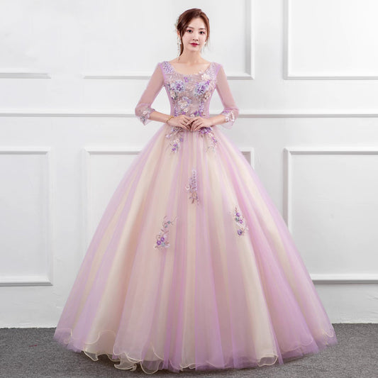 pink dress wedding dress Solo Performance Costume Noble Elegant Studio Colored Mesh Meisheng Host Art Exam Dress Pettiskirt Autumn and Winter LAS371