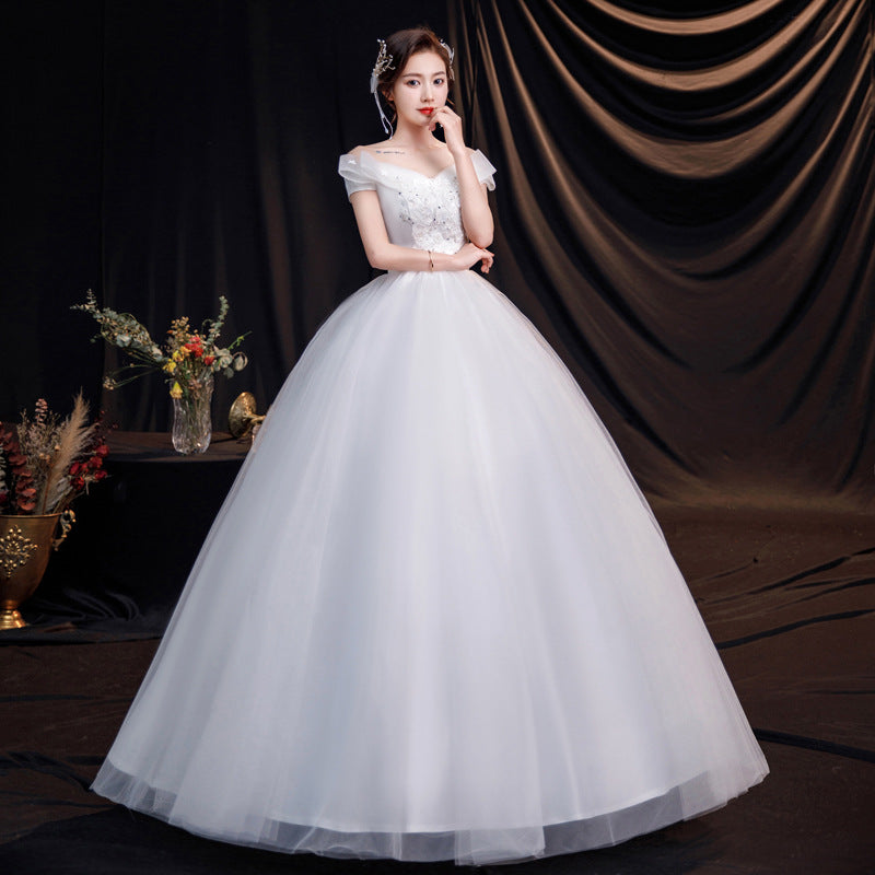 Wedding Dress off-Shoulder V-neck Floor-Length Wedding Dress Square Shoulder Studio Large Size Lace-up Strap White Yarn Slimming Korean Style H892