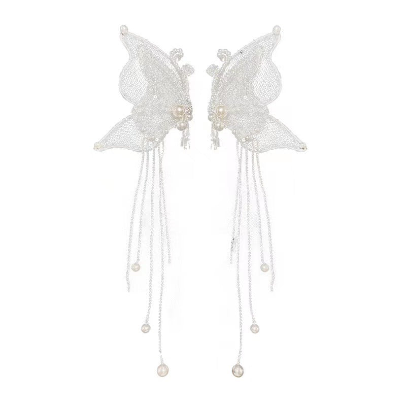 2022 New Bridal Headdress Temperament And Beautiful Lace Butterfly Tassel Hairpin Set Photo Makeup Modeling Jewelry