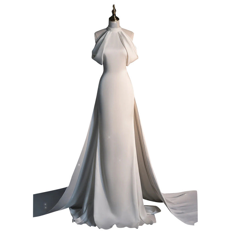 Halter Light Wedding Dress Satin Hepburn Style Stylish and Personalized Trailing French Welcome Yarn Fishtail Gown h335