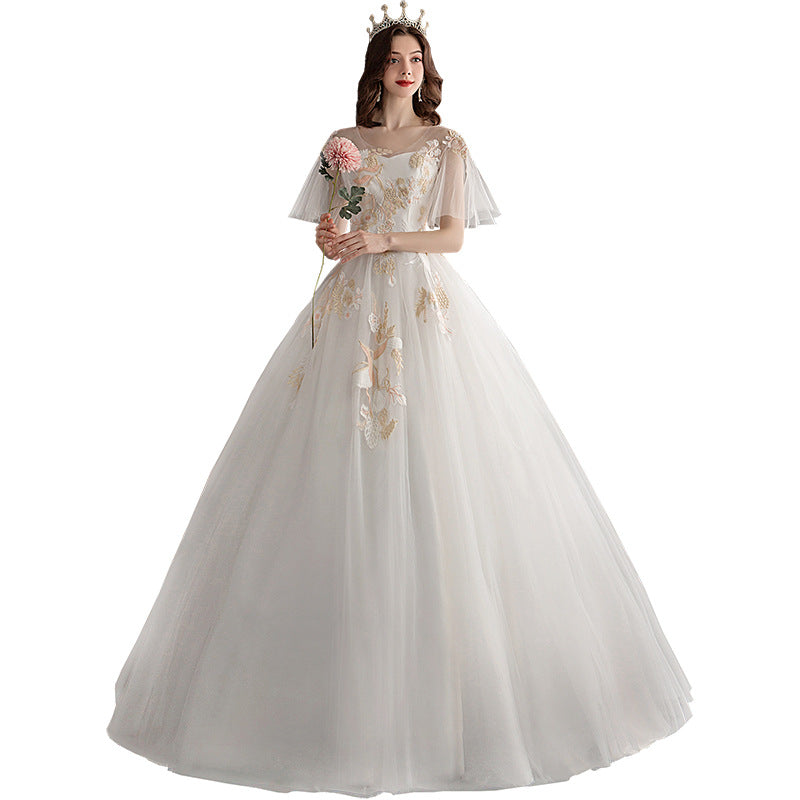 Wedding Dress plus Size off Shoulder Dress Wedding Gown New Light Champagne off Shoulder Flare Sleeve Floor-Length Soft Maternity Arms Hiding Wedding Dress plus Size H880