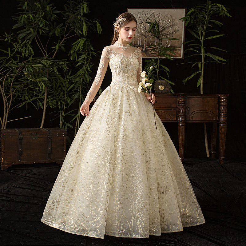 New Wedding Dress Starry Sky French Style Retro Long Sleeve Stand Collar Hepburn Bridal plus Size Tulle Tutu Wedding Dress Evening Dress