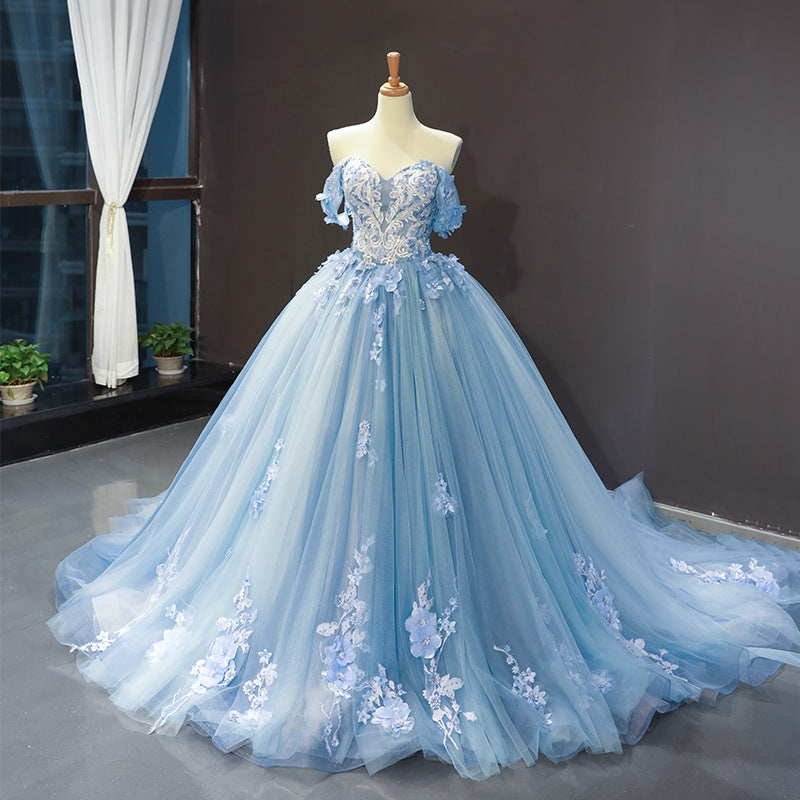 Sky blue wedding dress flower long dress off shoulder Trip Shoot Colored Mesh 2022 Summer New Bridal Solo Pettiskirt off-Shoulder Trailing Wedding Dinner Princess Dress