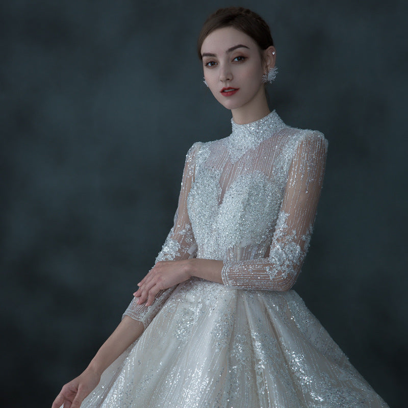 Main Wedding Dress Long Sleeve Stand Collar Bridal Wedding Dress Temperament Dreamy Slimming Trailing Bride Wedding Dress L0249