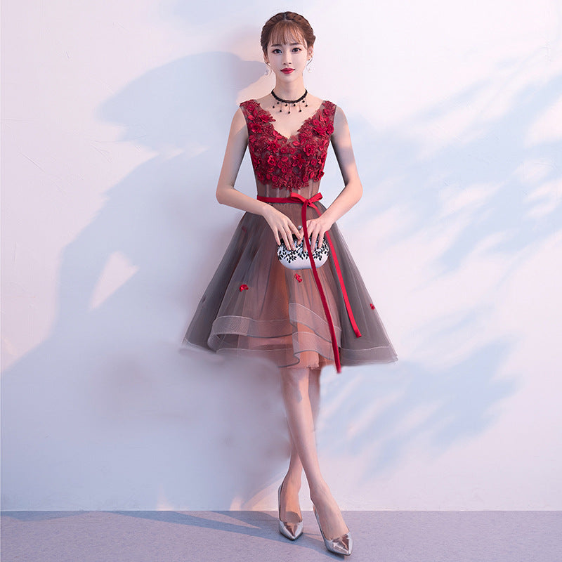 Red  Flower Party dress Toast Dress Bride 2022 New Short Elegant Short Front Short Back Length Ladies Banquet Wedding Evening Dress Women