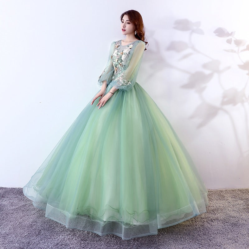 Light Green Wedding Dress New Vocal Music Student Art Examination Chorus Bel Canto Solo Performance Dress Women's Pettiskirt Long Sleeve H290