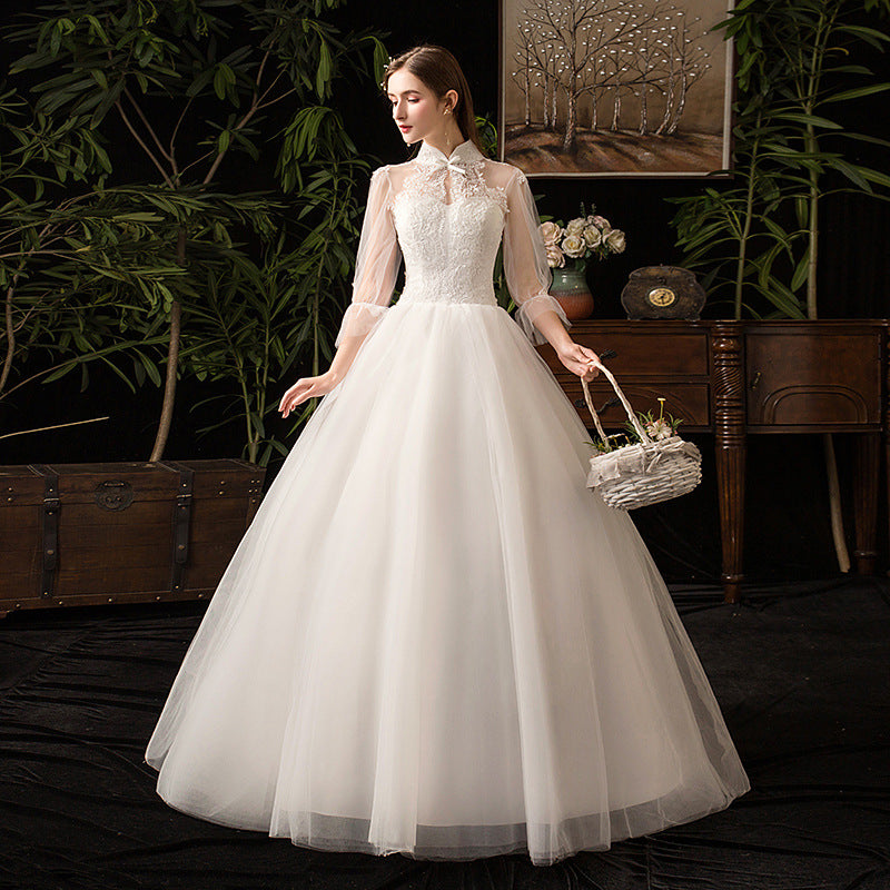 Long Sleeve High collar white Wedding Dress Stand Collar Yarn Slim Bridal plus Size dress