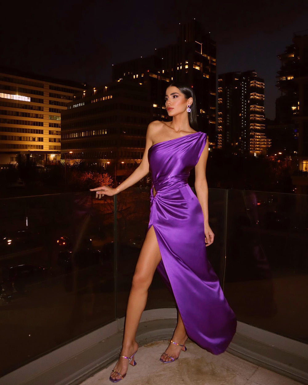 Long Dress Party Evening Dresses Gala Fitted Waist High Waist Solid Color Off-Shoulder Purple Shining Skirt H557