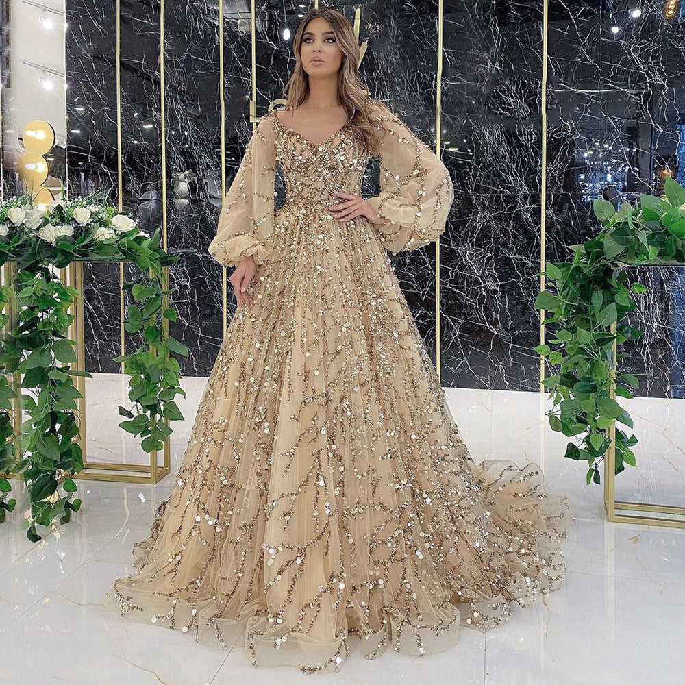 Gold Dress gown ball dresses party Beaded Ball Party Evening Dress Dress Sequined Lace Breathable and Transparent Birthday Party Long Sleeve Aura Queen Dress H2839