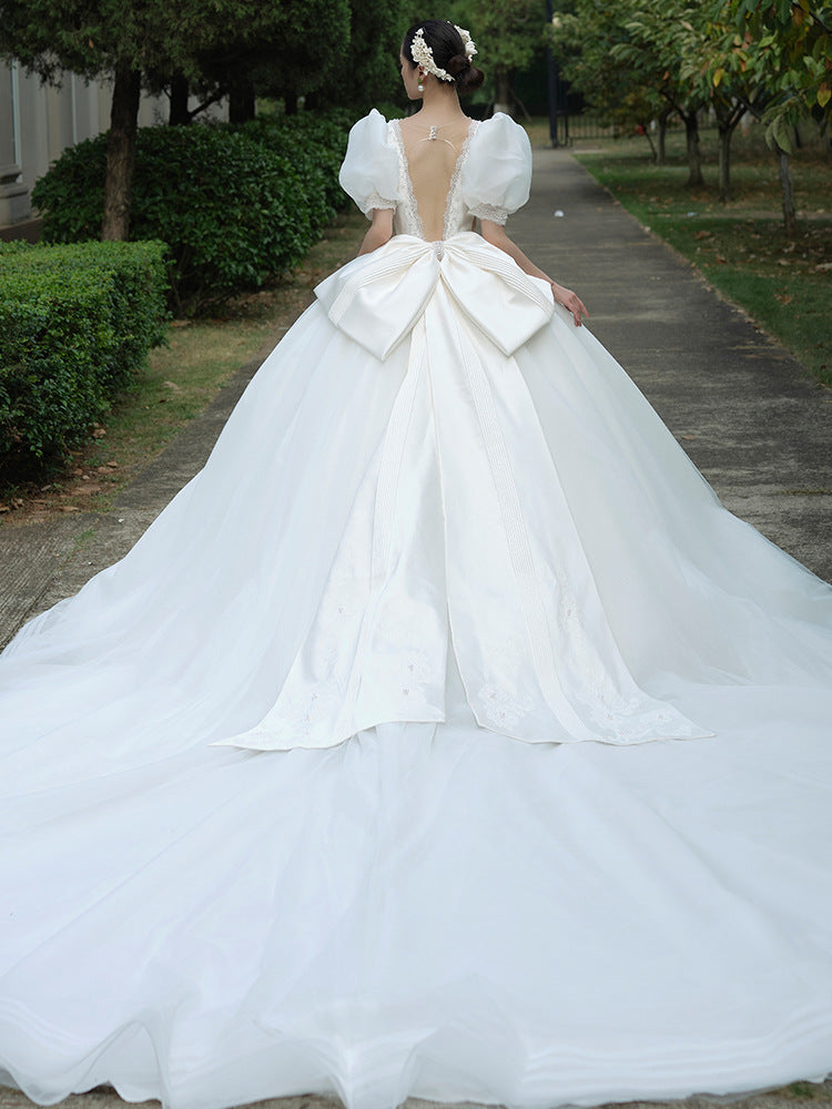 Satin Main Wedding Dress Bridal Elegant French Retro Small Simple Large Tail Graceful Puff Sleeve H280