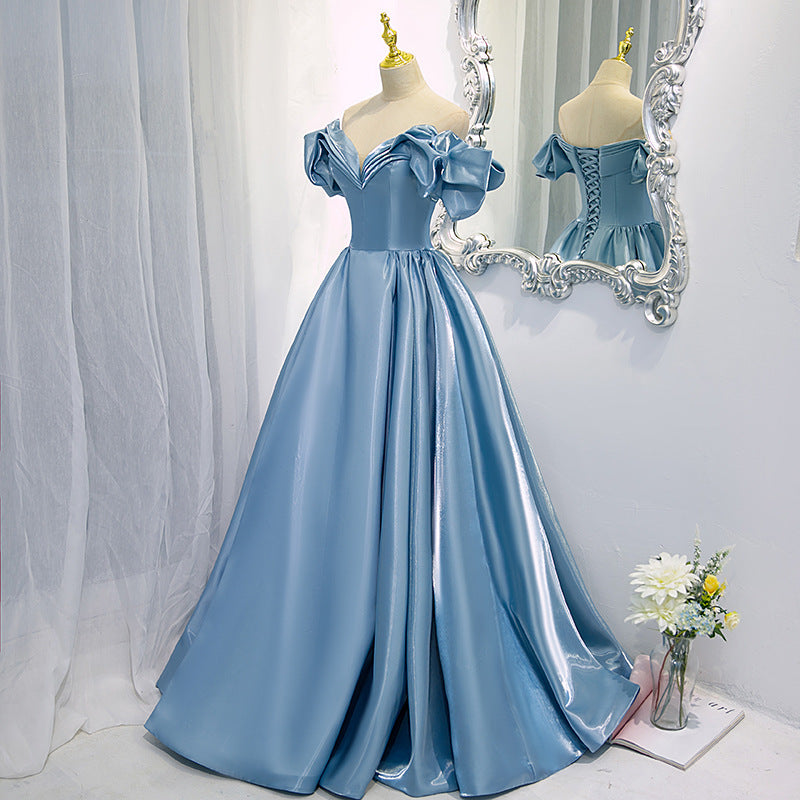 Evening Dress Sky Blue New Blue Color Satin Long French off-Shoulder Host Temperament Costume H293