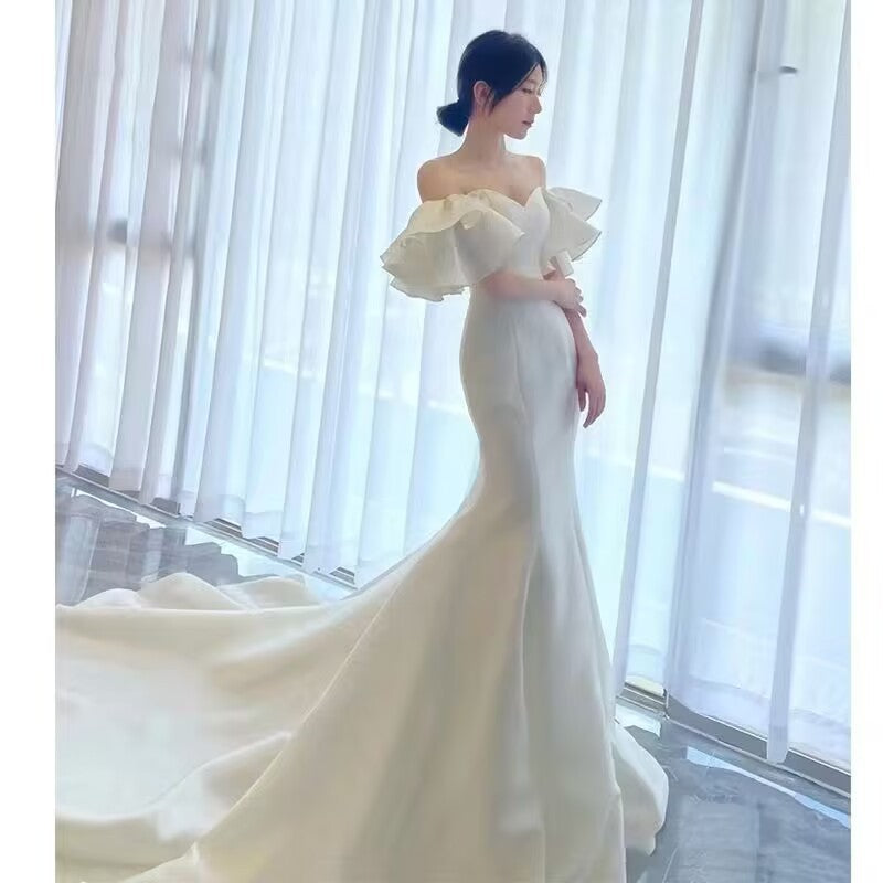 Bridal Dress Wedding Dresses Dinner Party Simple Retro Off-Shoulder Elegant Trailing French Dress H890