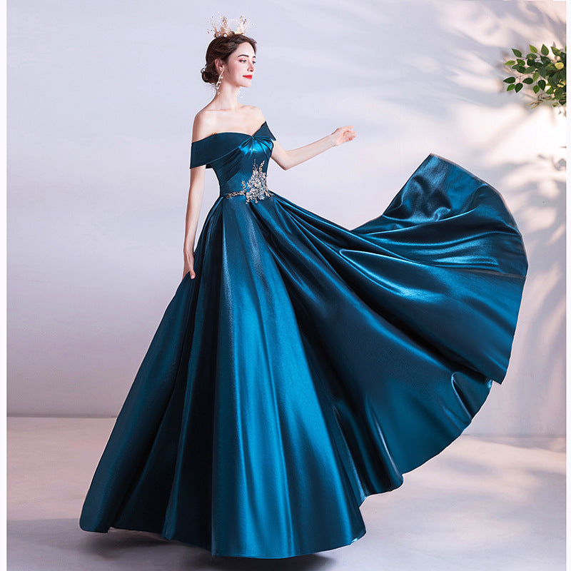 Dinner dress navy peacock blue satin off shoulder evening dress banquet dresses H282