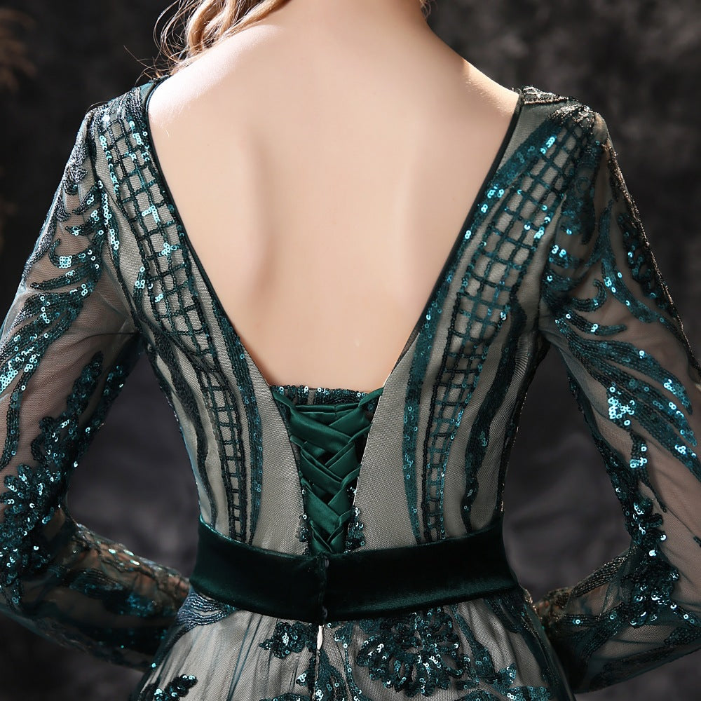 green dress Small Trailing Evening Dress 2022 New Dinner Party Long Style Long Sleeve Dress Cross-Border Dress