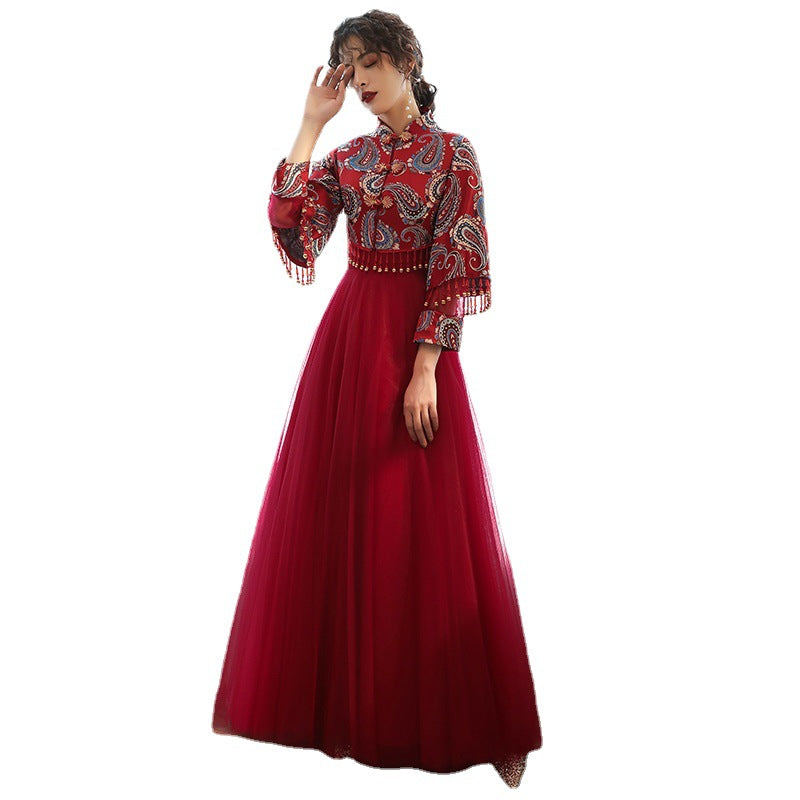 red dress Toast Dress Bride 2020 New Autumn and Winter Wine Red Marriage Engagement Long Sleeve Dress Female Cheongsam Dress LAS370