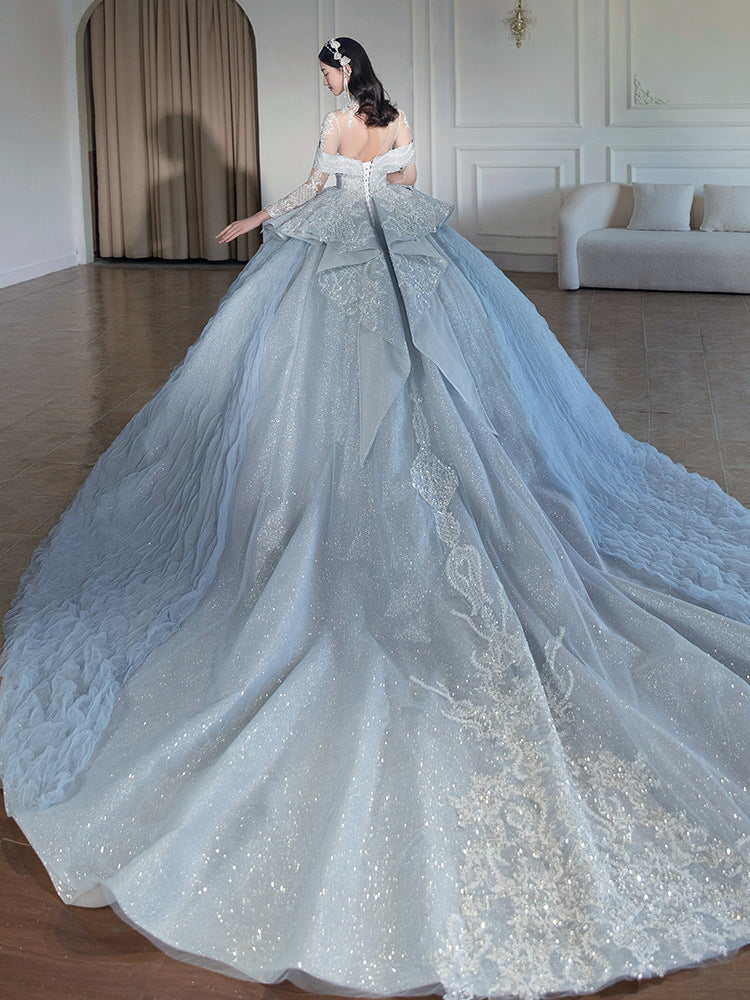 Bridal Long SKY BLUE Sleeve Palace Style Main Yarn Advanced Texture Wedding Veil Bride dress Princess dresses H233