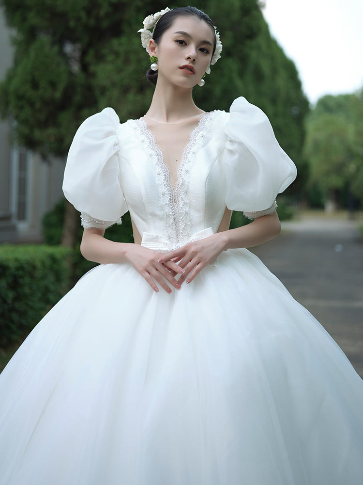 Satin Main Wedding Dress Bridal Elegant French Retro Small Simple Large Tail Graceful Puff Sleeve H280