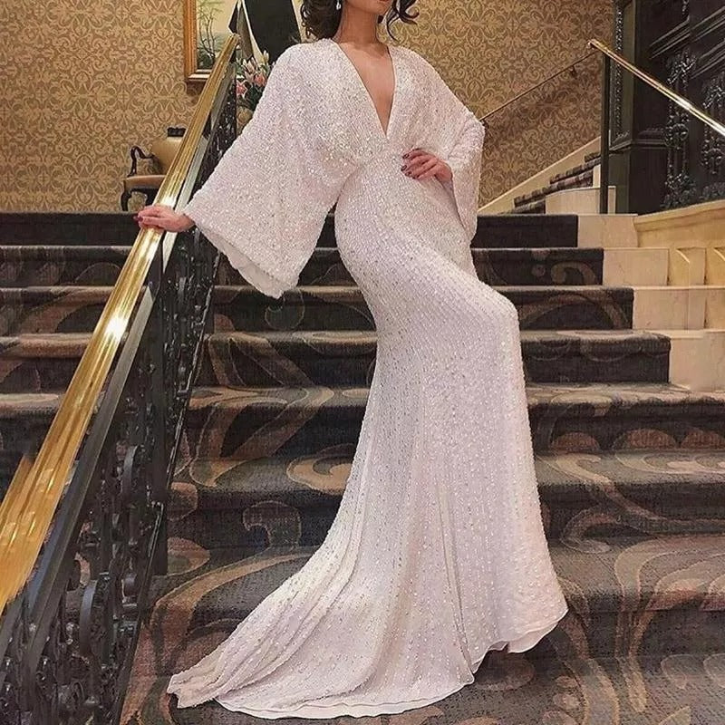 Evening Dress Party Sequined White Prom Dress Long Sleeve European and American V-neck Mop Long Sleeve Sequin Formal Dress Fishtail Banquet Elegant Dress H892