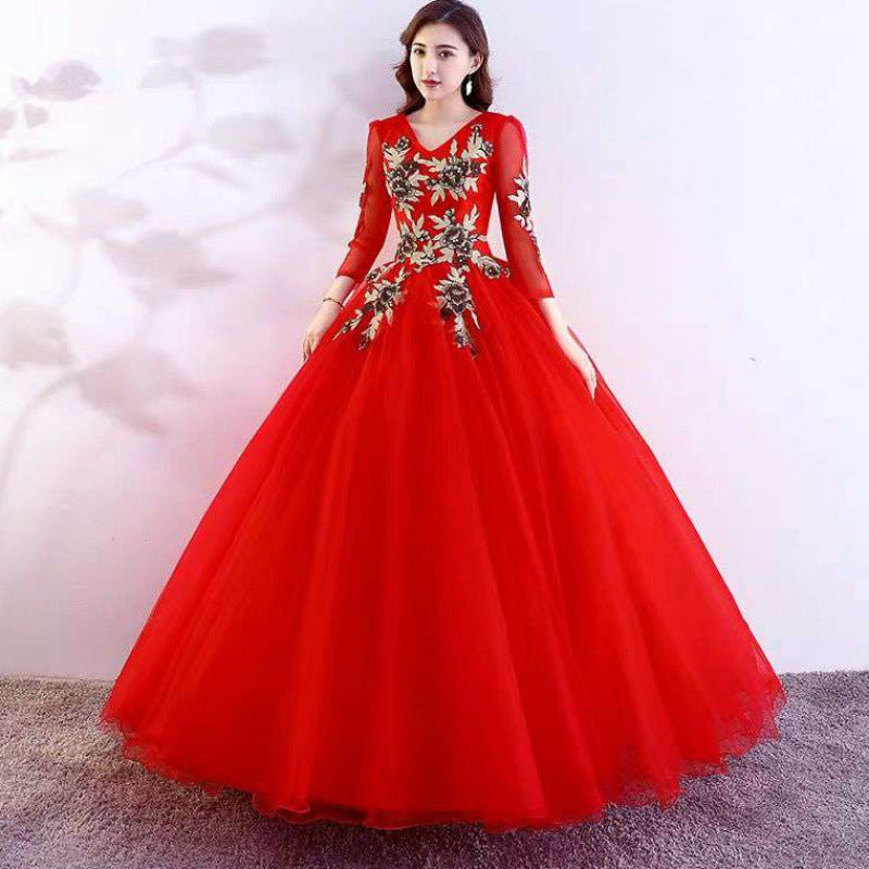 Red dress wedding dress bridal veil dinner dress muslimah 2022 New Folk Song Bel Canto Solo Costume Female Vocal Music Art Test Dress Host Chorus Long Pettiskirt