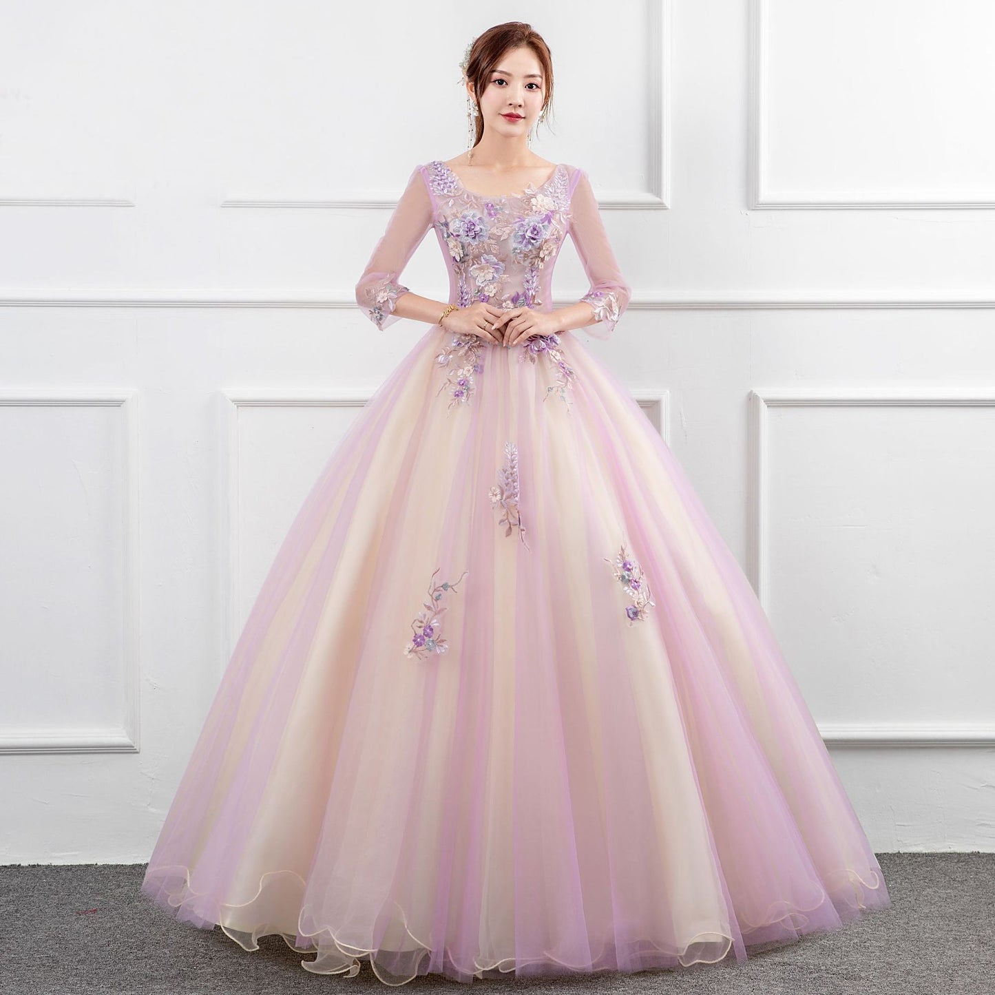 pink dress wedding dress Solo Performance Costume Noble Elegant Studio Colored Mesh Meisheng Host Art Exam Dress Pettiskirt Autumn and Winter LAS371