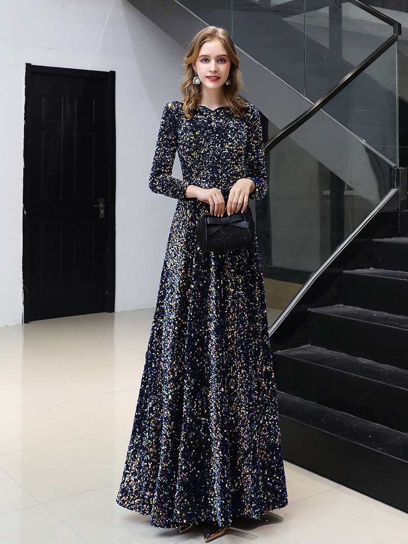 long sleeve dress wedding dress evening dress New Summer Choir Costumes Evening Dress Women's Banquet Temperament Host Red Song Command Dress LAS406