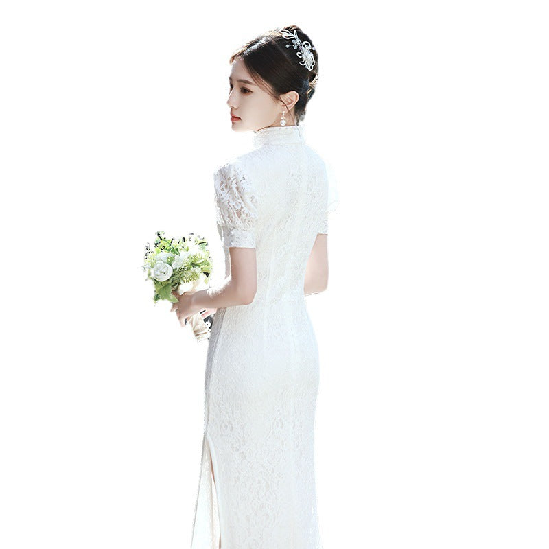 Wedding Dress Lace Short Sleeve Chinese Cheongsam Long Turtleneck Slim White Dresses