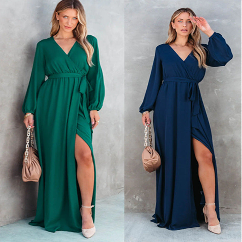 Long Dress Green Blue Long Sleeve European and American AliExpress Wish New Women's V-neck Long Sleeve Big Hem Long Dress H279