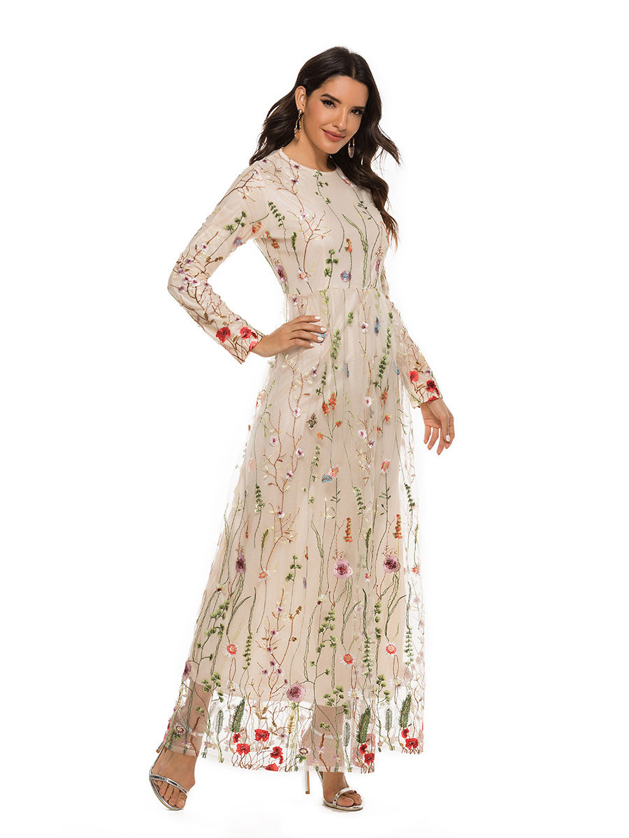 Floral dress long sleeve dinner gown party rope flower dresses gala Embroidered Dress European and American Dubai Sweet Flowers Lace Long Dress 21002