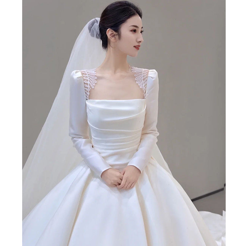 Satin Wedding Dress Bride 2022 New Main Yarn Retro Light Wedding Dress Advanced Wedding Veil Small Long Sleeve Winter dress LAS479