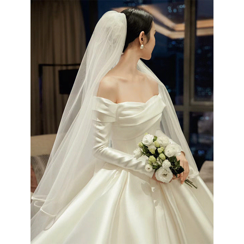 Satin  Wedding Dress long sleeve dress New Bridal French Trailing Dress Small Simple off-Shoulder Photography Clothing for Women H391