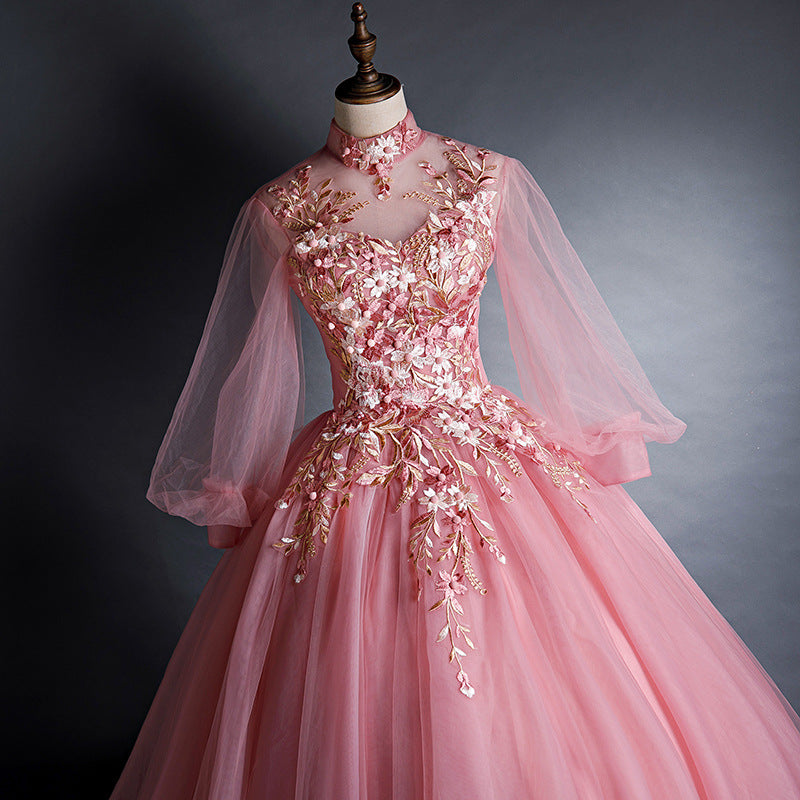 Ball Gown Long Sleeve Colored Mesh Host Performance Pink Princess Dress Solo Art Exam Tulle Tutu Long Evening Gown Female H2839