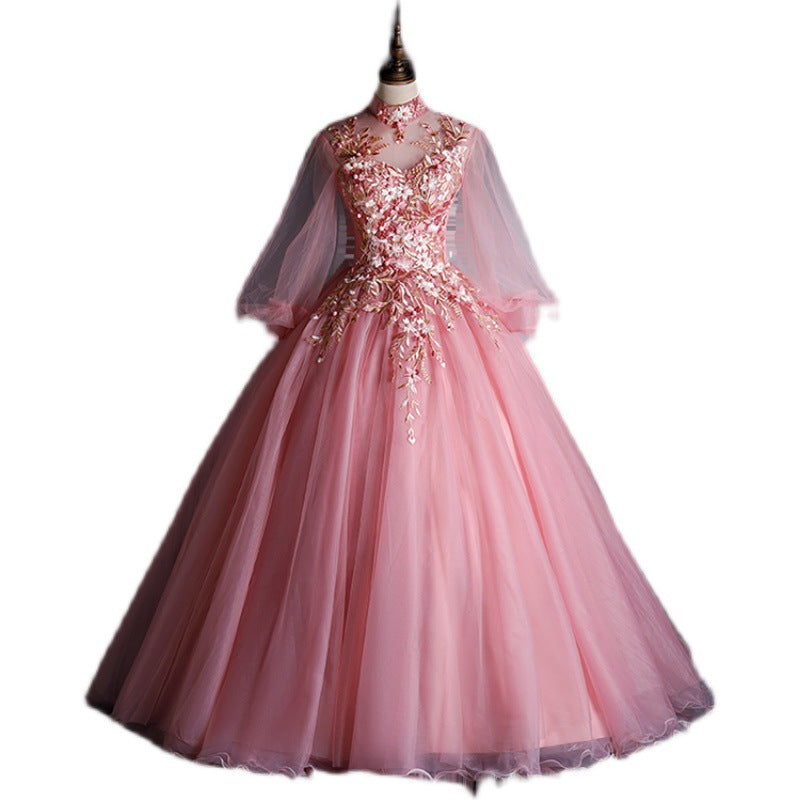 Ball Gown Long Sleeve Colored Mesh Host Performance Pink Princess Dress Solo Art Exam Tulle Tutu Long Evening Gown Female H2839