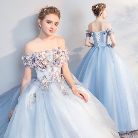 Sky Blue Wedding Dress Host Clothing Evening Dress 2023 New Bubble Skirt Bel Canto Solo Art Exam Host Formal Dress off-Shoulder Long Performance Dress H567