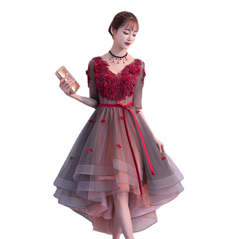 Red  Flower Party dress Toast Dress Bride 2022 New Short Elegant Short Front Short Back Length Ladies Banquet Wedding Evening Dress Women