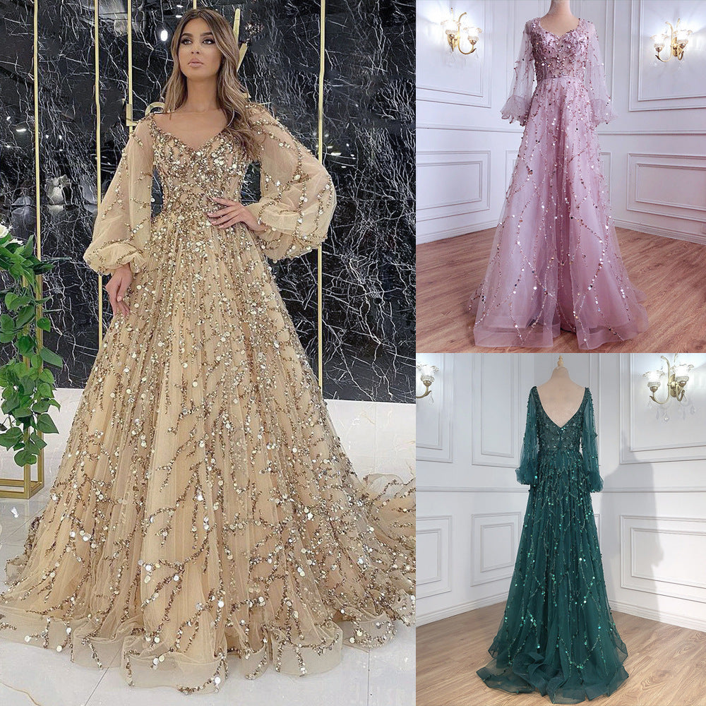 Gold Dress gown ball dresses party Beaded Ball Party Evening Dress Dress Sequined Lace Breathable and Transparent Birthday Party Long Sleeve Aura Queen Dress H2839