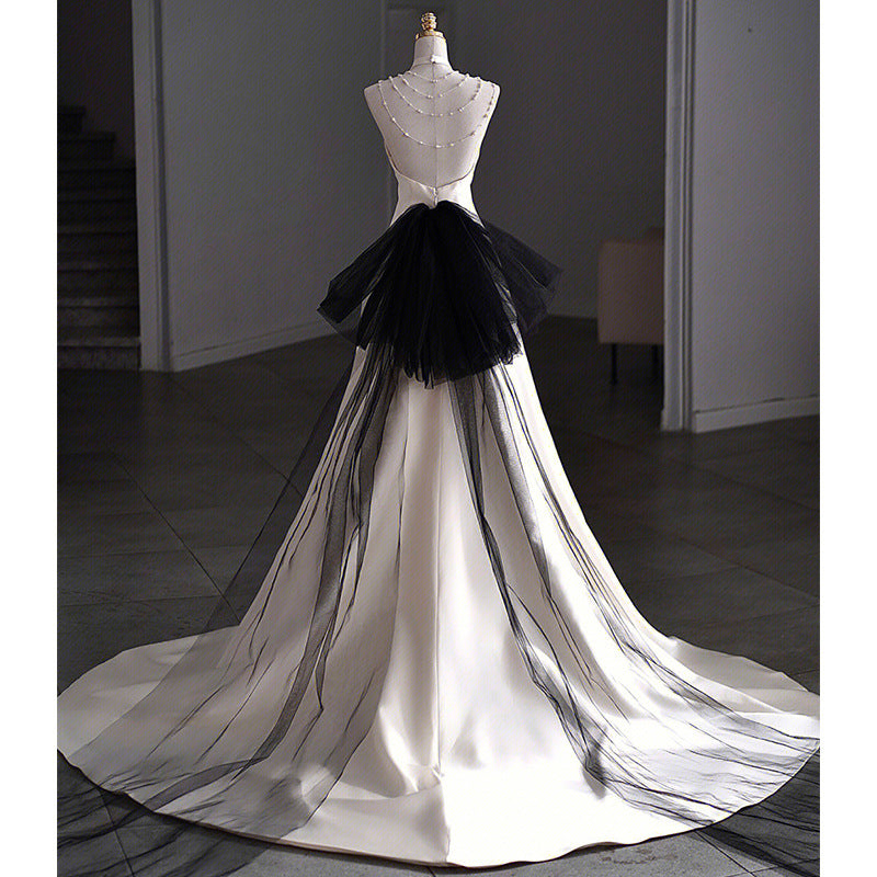 White Evening Dress High-End Affordable Luxury Niche High-Grade Halter Light Wedding Dress Trailing Satin Elegant Luxury Annual Meeting H788