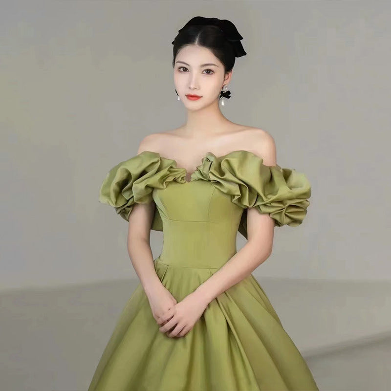 French Evening Dress Green dress wedding dress New Green High-Grade off-Shoulder Satin Host's Dress Dress Elegant