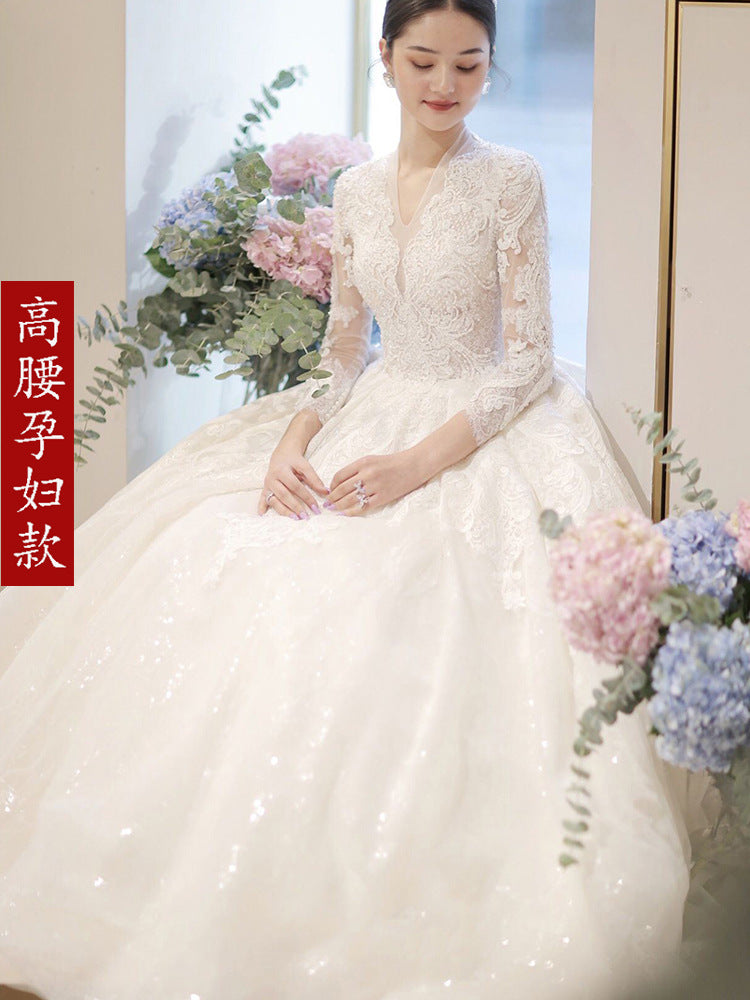 Bridal Wedding Dress2022NewvCollar Long Sleeve Trailing Court Style High-End Large Size Pregnant Women Light Yarn SmallD87