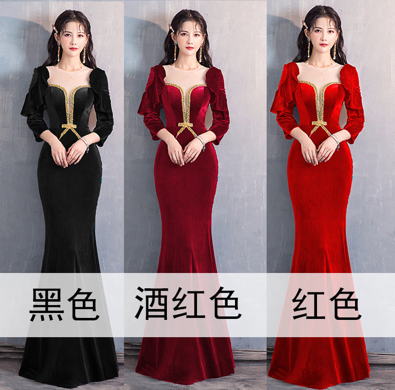 Green Blue dress Evening Dress Velvet Women's 2020 New Super Fairy Banquet Temperament Autumn and Winter Long Sleeve Host Long Show Fishtail Skirt