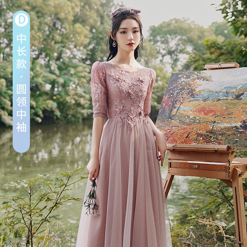 Pink Bridesmaid Dress Fairy Temperament 2022 New Spring Thickened Long Sleeve Girlfriends Ladybros' Dress Female Slimming