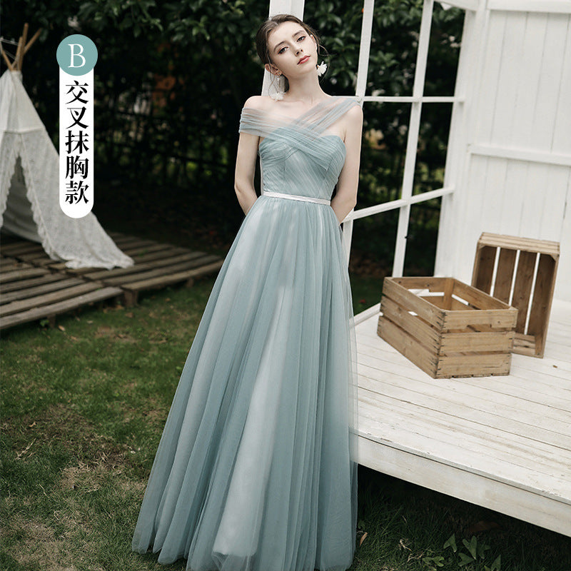 light  green eveing dress wedding dress bridesmaid Dress Wedding Dress Women's Water Green Performance Graduation Long Mesh Evening Dress LAS430