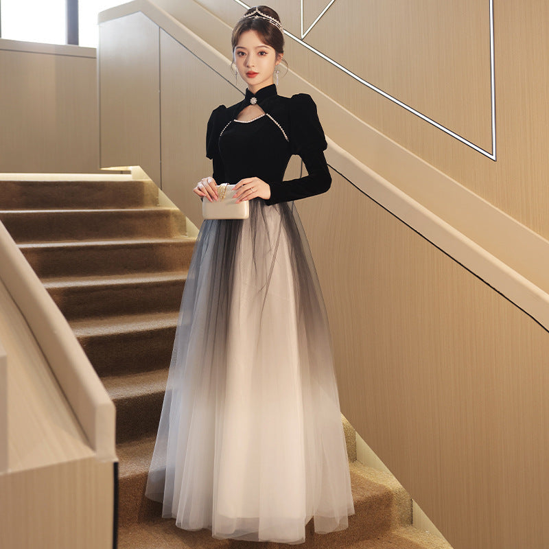 Evening Dress Long Sleeve Black Banquet Evening Dress for Women 2023 New Long Sleeve Elegant Art Exam Host Annual Meeting H281