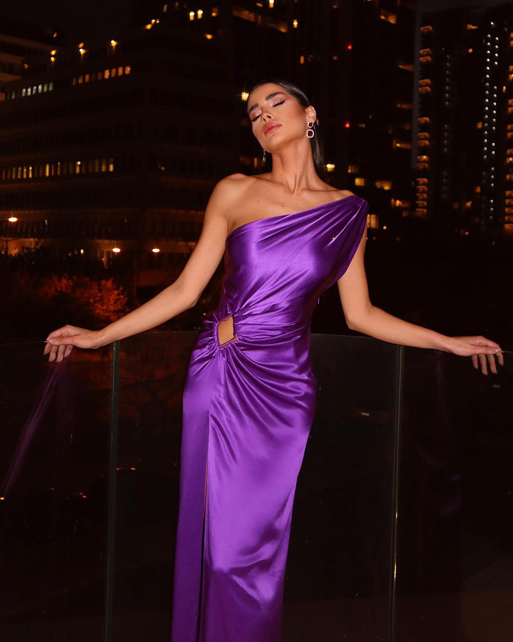 Long Dress Party Evening Dresses Gala Fitted Waist High Waist Solid Color Off-Shoulder Purple Shining Skirt H557