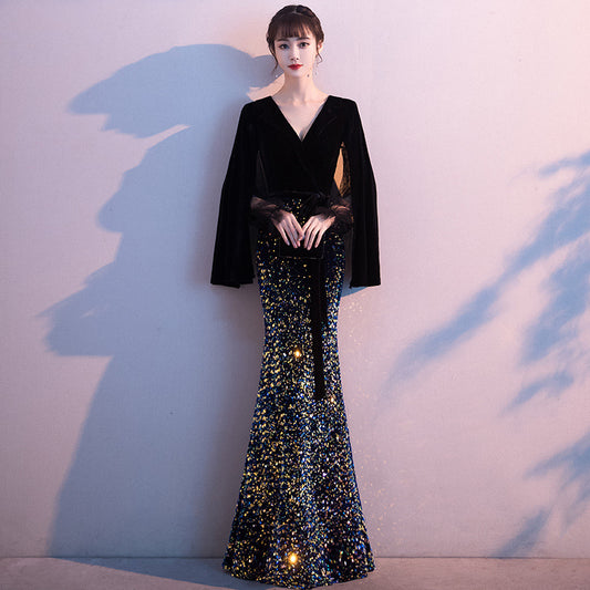 Black Evening Dress Women's 2022 Autumn New Banquet Elegant Fishtail Slim Long Temperament Annual Meeting Host H726