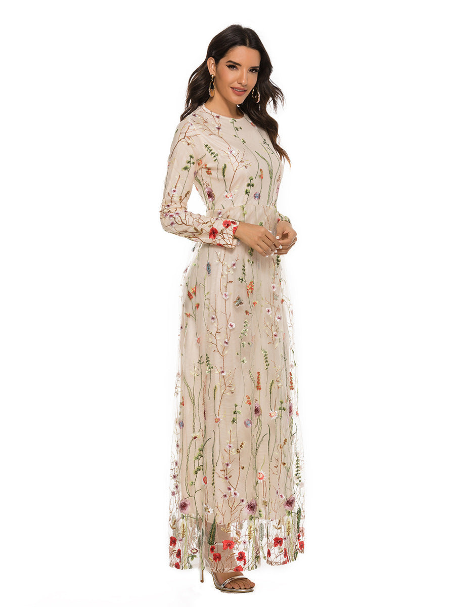 Floral dress long sleeve dinner gown party rope flower dresses gala Embroidered Dress European and American Dubai Sweet Flowers Lace Long Dress 21002