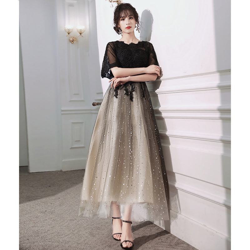 Gown Party dress gala Evening Dresses Temperament Banquet Belly-Covering Black Slimming Daily Style Host Lace shining sequin H892